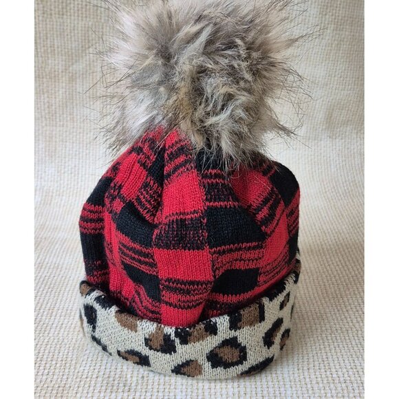 Panache Ladies Faux Fur Pom Red Buffalo Plaid Knit Beanie One Size Animal Print - Picture 4 of 8